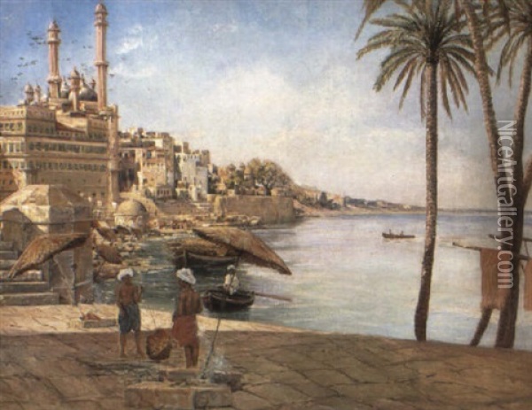 View Of Benares With Aurangzeb's Mosque And The Ghats And Figures Oil Painting - Holger Hvitfeldt Jerichau