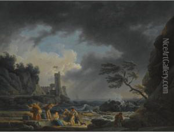 A Stormy Coastal Scene With Figures On A Beach Having Escaped A Shipwreck Oil Painting - Claude-joseph Vernet