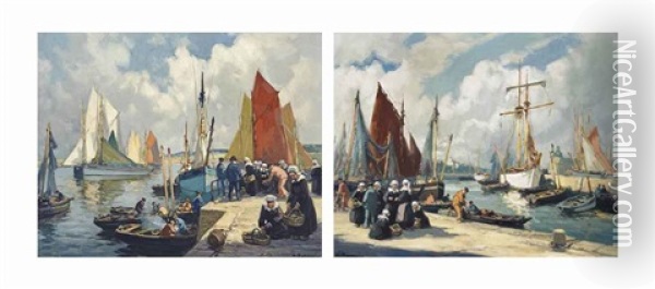 Unloading The Catch, Concarneau; And On The Quay, Concarneau (pair) Oil Painting - Henri Alphonse Barnoin