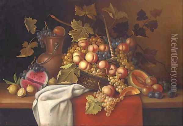 Still life of melons, plums, lemons, grapes and peaches in a basket, on a table Oil Painting - Dutch School