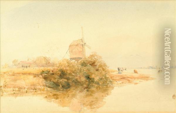 Windmillin A River Landscape Oil Painting - Henry Burdon Richardson