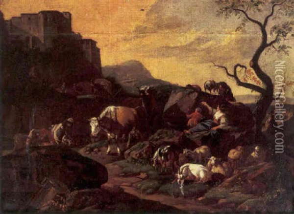 Peasants With Their Livestock Resting In A Rocky Landscape, A Fortress Beyond Oil Painting - Willem Romeyn