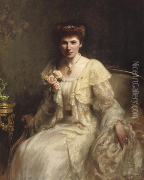 Portrait Of Mrs Haslam, Seated Three-quarter-length, In A White Dress And Pearl Necklace Oil Painting - Hugh Twenebrokes De Glazebrook