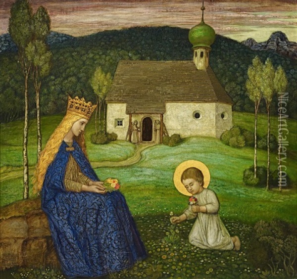 Maria Mit Dem Jesuskind An Der Kapelle Oil Painting - Matthaeus Schiestl