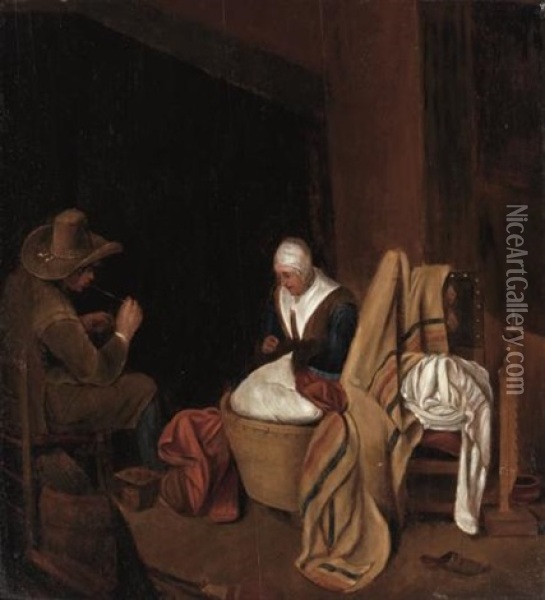 Figures In An Interior Oil Painting - Esaias Boursse