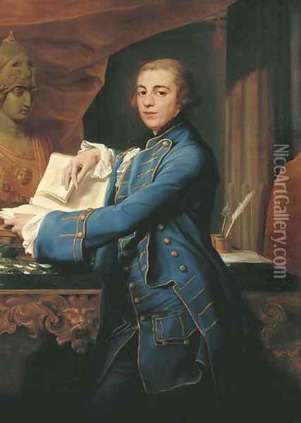 Portrait of John Crewe, later 1st Baron Crewe (1742-1829), three-quarter-length, in a gold-embroidered blue coat and waistcoat Oil Painting - Pompeo Gerolamo Batoni