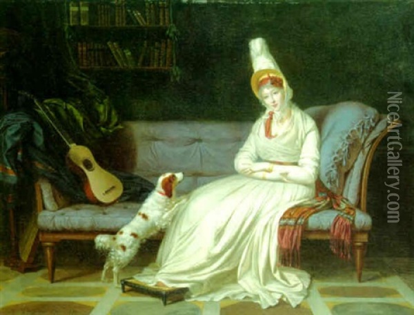 Portrait Of Elizabeth, Lady Webster, Later Lady Holland In A White Dress On A Chaise-longue Oil Painting - Louis Gauffier