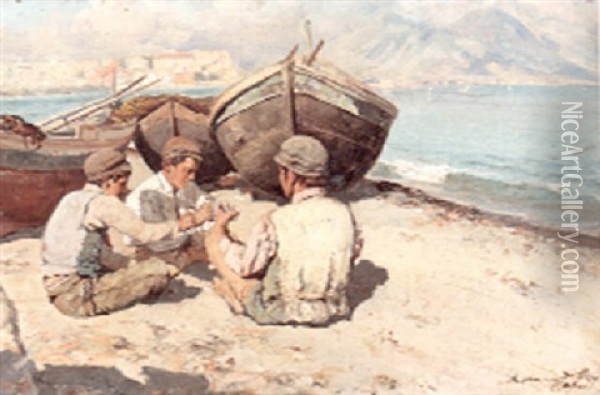 A View Of The Bay Of Capri With Fishing Smacks And Boys Playing Cards On The Beach In The Foreground Oil Painting - Bernardo Hay