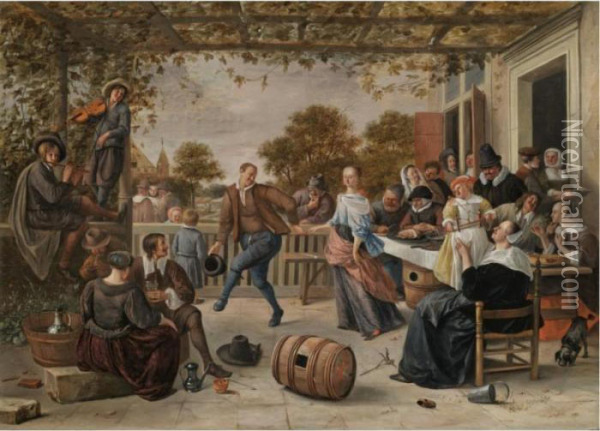 A Terrace With A Couple Dancing 
To A Pipe And Fiddle, Peasants Eating And Merrymaking Behind [engraved 
By Milius, Paris, Published By 1876.] Oil Painting - Jan Steen