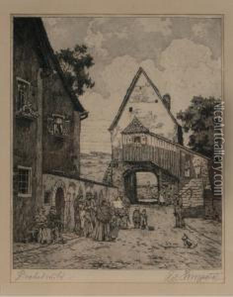 Auf Einer Dorfstrase. 1st Half 20th Cent Oil Painting - Adolf Hinzpeter