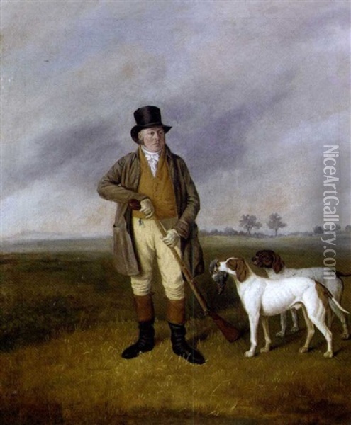 A Gentleman, Partridge Shooting With Two Pointers In A Landscape Oil Painting - James Barenger the Younger
