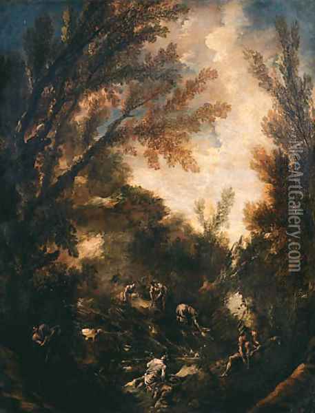 Wooded landscapes with washerwomen and anglers Oil Painting - Alessandro Magnasco