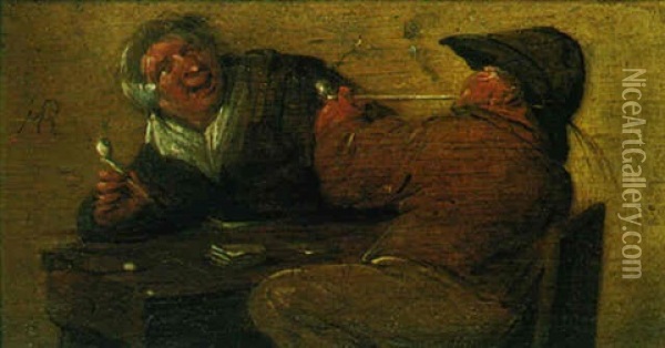 Two Peasants Smoking Pipes At A Table Oil Painting - Jan Miense Molenaer