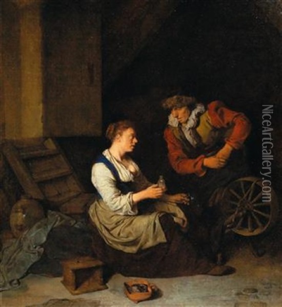 A Suitor With A Woman At A Spinning Wheel Oil Painting - Cornelis Pietersz Bega