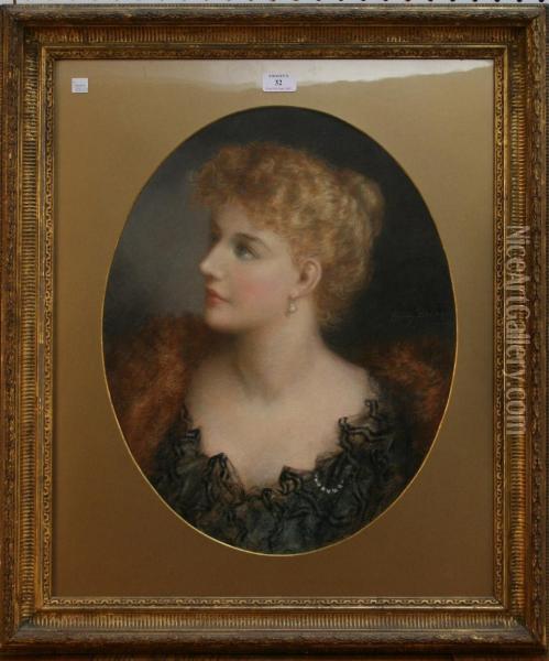Portrait Of A Young Lady Wearing A Fur Stole And Black Lace Dress Oil Painting - Emily Barnard