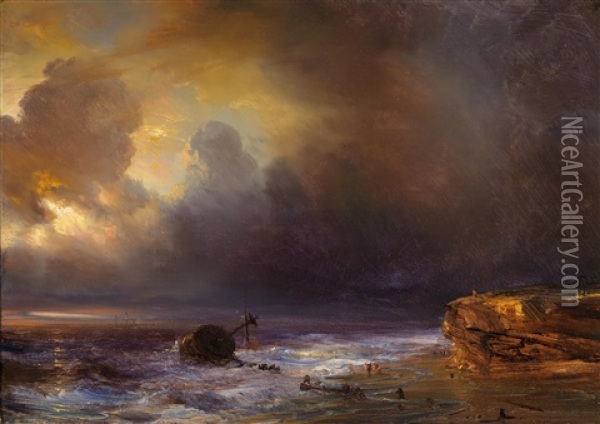 Wolkenverhangener Himmel Uber Einer Strandszene Oil Painting - Baron Jean Antoine Theodore Gudin