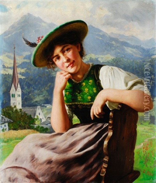 Junges Madchen In Tracht Auf Stuhl Sitzend Oil Painting - Emil Rau