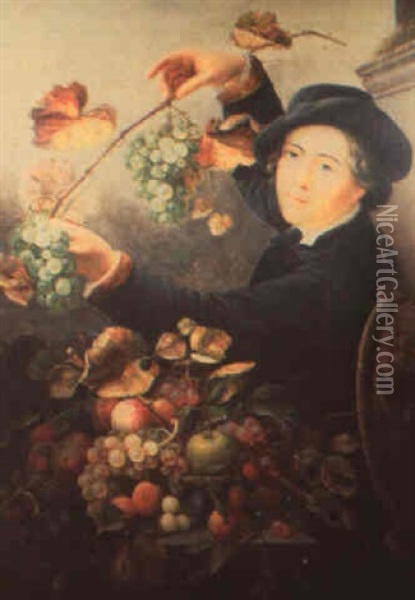 A Young Man Holding A Grapevine Behind A Basket Of Fruit Oil Painting - Severin Roesen