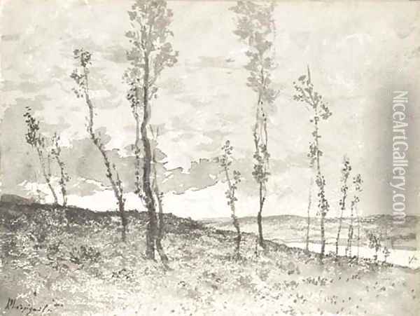 An extensive landscape seen through an avenue of poplar trees Oil Painting - Henri-Joseph Harpignies