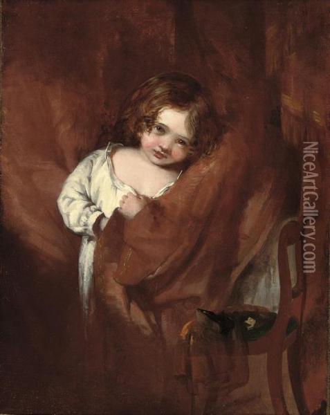Study Of A Young Child Hiding Behind A Curtain Oil Painting - Sir George Hayter
