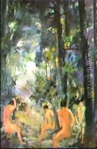 Waldpartie Mit Badenden Oil Painting - Max Mayrshofer
