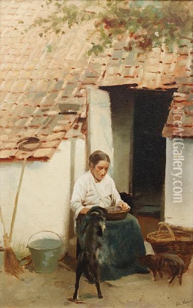 Woman With A Dog And Cat Beside Acottage Oil Painting - Albert Neuhuys