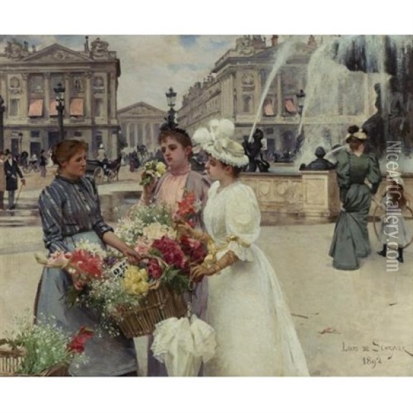 A Flower Seller At The Place De La Concorde Oil Painting - Louis Marie de Schryver