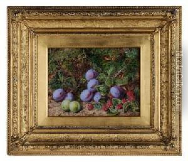 Still Life With Plums And Raspberries On A Mossy Bank Oil Painting - George Clare