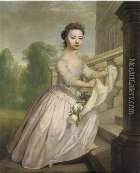 Portrait Of Ann Wo[o]lfe, 
Full-length, In A Pink Dress, Her Apronfilled With Flowers, On The Steps
 Of A Palladian Country House, Anavenue Of Trees Beyond Oil Painting - George Knapton