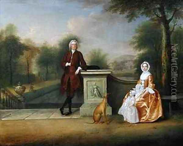 The Hon Robert Cholmondeley his wife and son in a garden Oil Painting - Arthur Devis