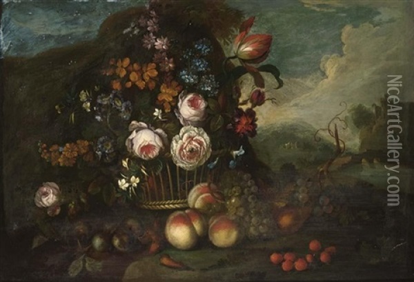 A Still Life With Roses, A Tulip And Other Flowers In A Basket, Peaches, Grapes And Strawberries In Front, In A Landscape Oil Painting - Pieter Hardime