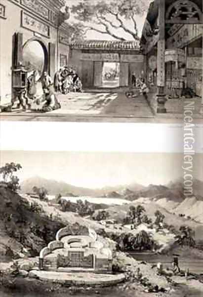 Interior View of the Great Temple at Macao and a Tomb and Village between the Bays of Hong Kong and Cowloon Oil Painting - Auguste Borget