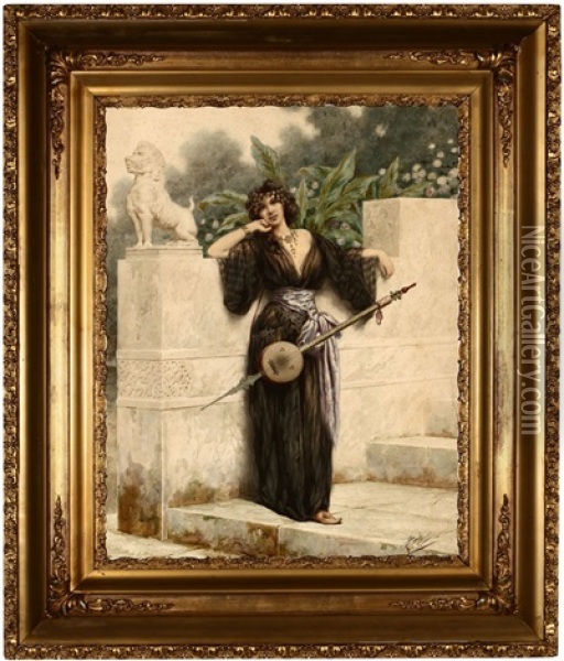 Orientalist Woman With A Stringed Instrument Standing Near A Garden Wall Oil Painting - Giuseppe Aureli