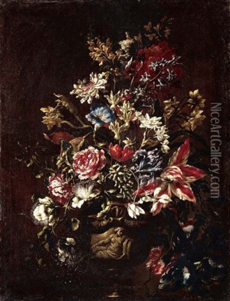 A Still Life Of Carnations, Lilies, Peonies, Irises And Other Flowers In Stone Urn On A Pedestal Oil Painting - Mario Nuzzi