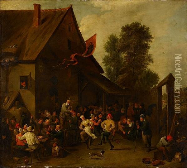 Peasants Merrymaking Outside A Tavern Oil Painting - David The Younger Teniers