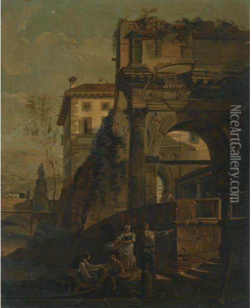 An Architectural Capriccio With Figures Loading A Boat Beside Anarch Oil Painting - (Giovanni Antonio Canal) Canaletto