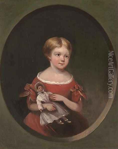 Portrait of a young girl, half-length, in a red dress holding a doll Oil Painting - English Provincial School