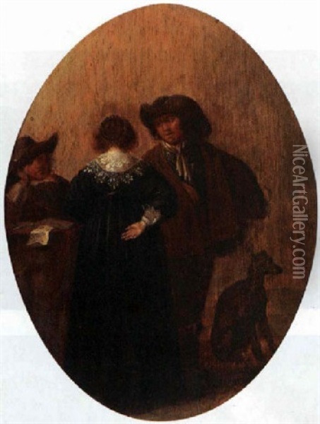 Two Men And A Lady Conversing Around A Table, With A Dog Beside Oil Painting - Pieter Jacobs Codde