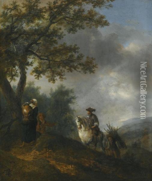 A Landscape With A Rider On A White Horse And A Boy Carrying Faggots Oil Painting - Pieter Wouwermans or Wouwerman