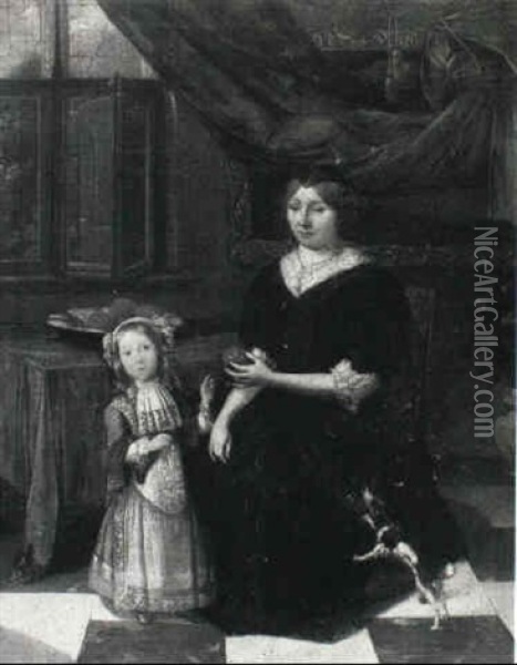 Mother And Child In An Interior With Their Pet Dog Oil Painting - Michiel van Musscher