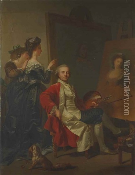 Portrait De Jean-laurent Mosnier (1743-1808) Dans Son Atelier, Avec Ses Filles Oil Painting - Jean Laurent Mosnier