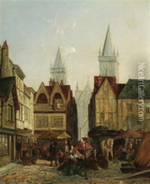 Marktszene In Den Strasen Einer Nordfranzosischen Stadt Oil Painting - William Raymond Dommersen