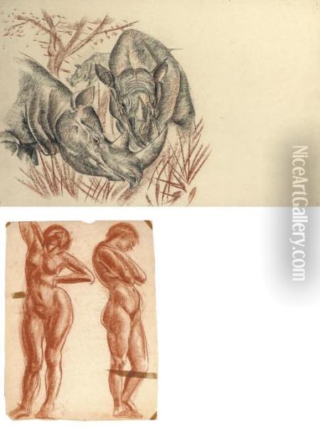Rhinos (illustrated); Study Of A
 Male Nude; Study Of A Female Nude; And Two Studies Of A Standing Female
 Nude (illustrated) Oil Painting - Alexander Evgenievich Yakovlev
