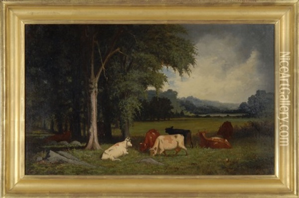 Cattle In A Meadow Oil Painting - Frederick S. Batcheller