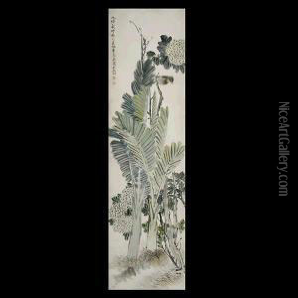 Bird And Plants, Hanging Scroll Oil Painting - Ren Xun