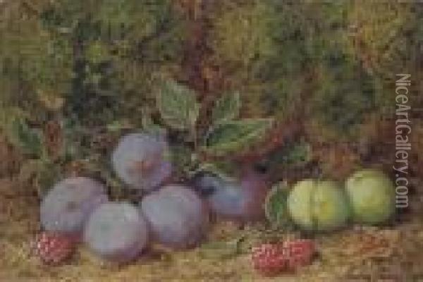 Plums, Raspberries And Greengages On A Mossy Bank Oil Painting - George Clare