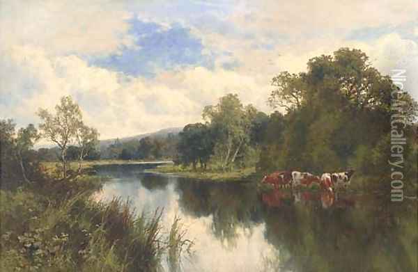 Cattle watering on a summer's day Oil Painting - Henry Hillier Parker