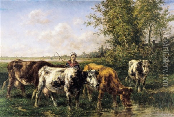 Landschap Met Koeienhoedster Oil Painting - Johan Nicolaas Van Lokhorst