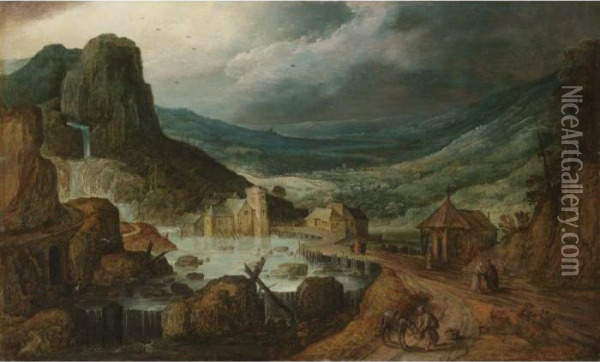 A Mountainous Landscape With A 
Wooden Bridge Crossing A River, And A Monk Feeding His Donkey Oil Painting - Joos De Momper