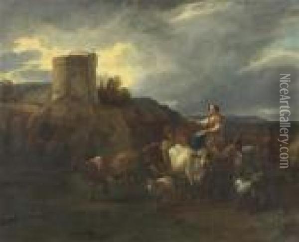 Italienische Landschaft Mit Hirten. Oil Painting - Nicolaes Berchem